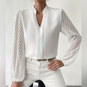 Elegant White Women's Blouse | Notched Neckline with Mesh Long Sleeves